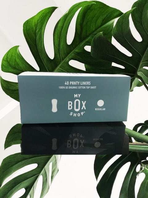 MyBoxShop's Organic Regular Panty Liners have a 100% Organic Cotton top sheet to protect your most sensitive parts.  Healthy, discreet, safe - these panty liners are good for everyday use. 15.5 ml absorption. 6.1 inches long. Teal box contains 40 liners.