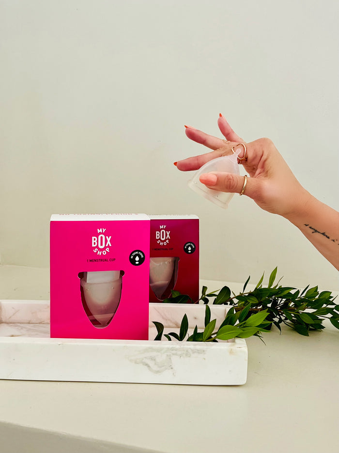 MyBoxShop Menstrual Cups.  Reuseable, wear up to 12 hours, soft, hypoallergenic, flexible, comfortable, easy insertion and removal, 100% medical grade silicone, Made in the USA.  Size 1 (light to medium flow) and Size 2 (medium to heavy flow).. 